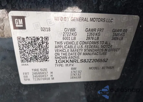 2018 GMC Acadia Sle-1 из США, поврежденный, VIN 1GKKNRLS8JZ206552